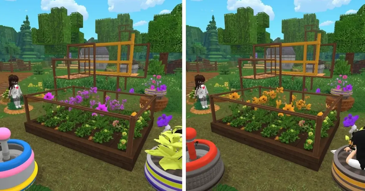 Split screenshot comparing the original Grow a Garden plot with the Grow a Garden 2 plot at night
